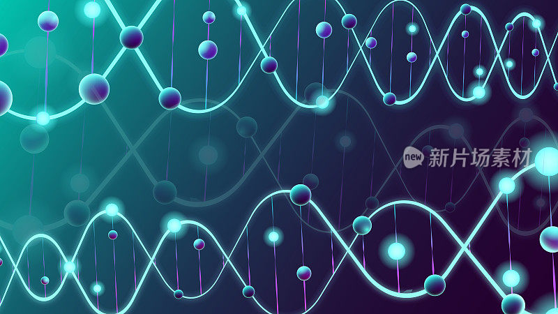 三维发光的科学背景- Dna链和粒子在透视。